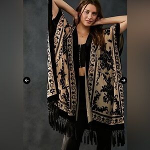 Free People Night Bird Burnout Black and Tan Floral Velvet Tassel Kimono/ Duster